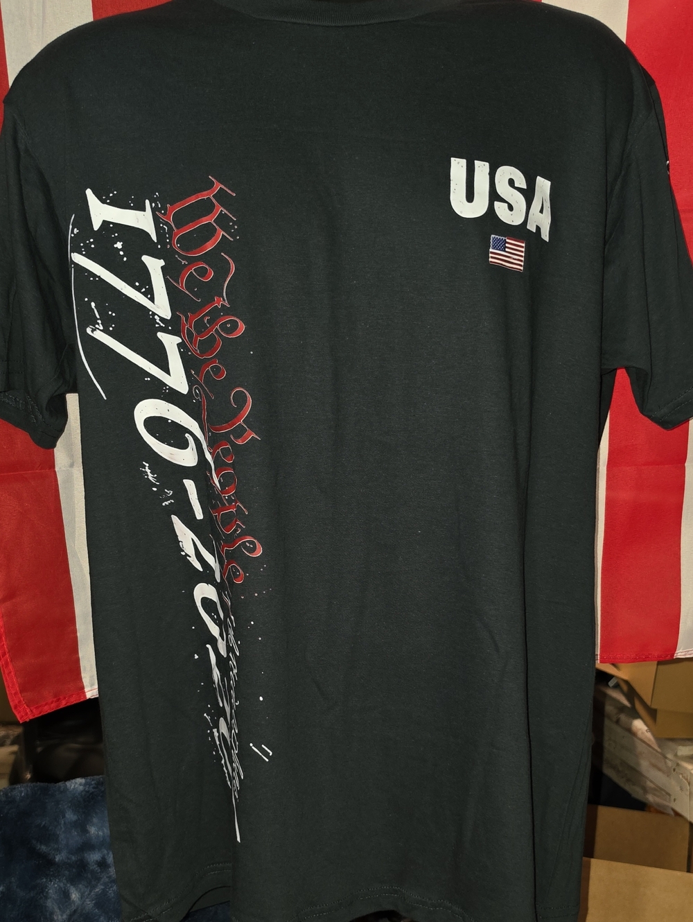 Just USA Black Tee with White and Red Vertical Graphics